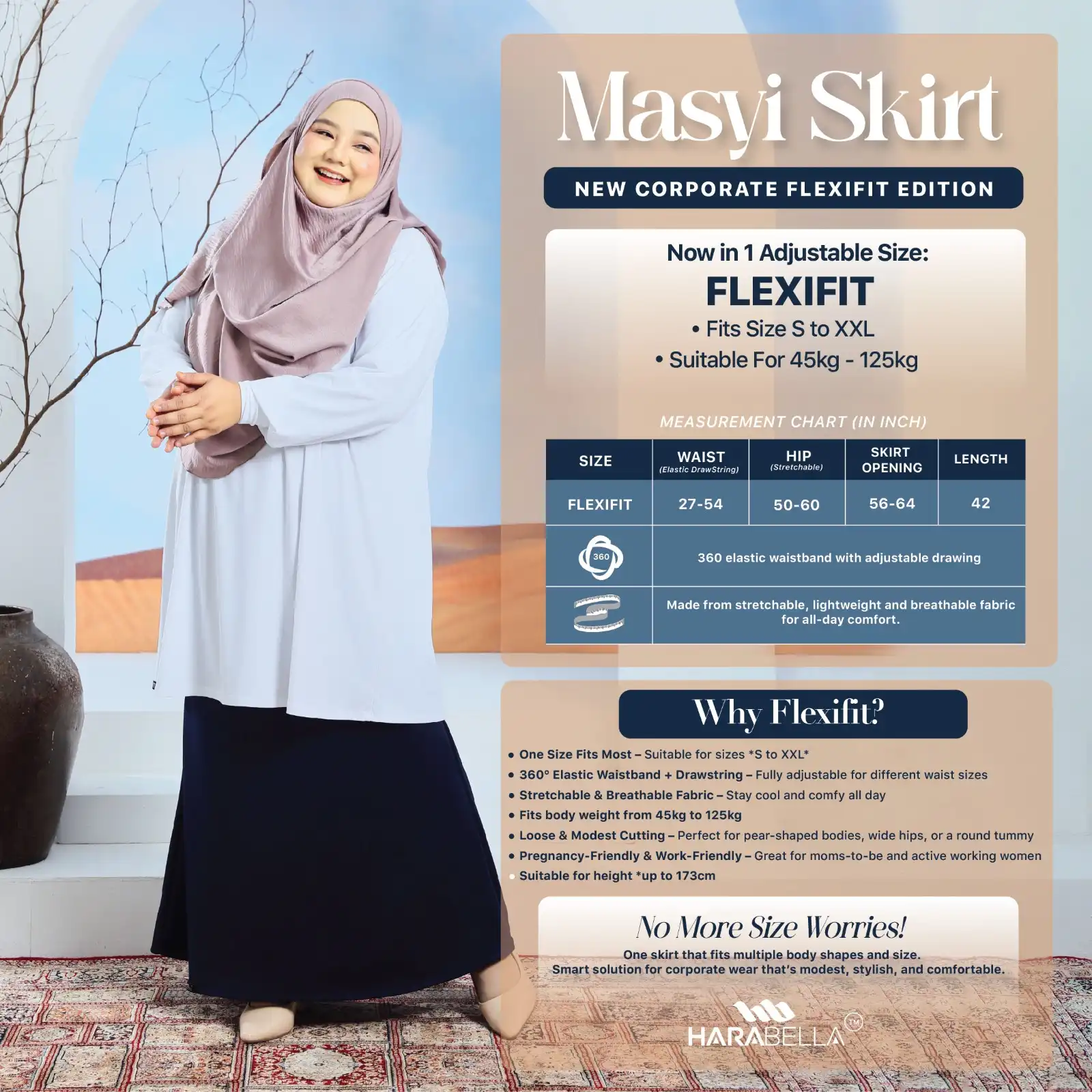Masyi Skirt FexiFit- SIZING CHART 1 - Skuba - Harabella by Zara Chan - harabella.com - Hara Collections - Fesyen Pakaian Muslimah