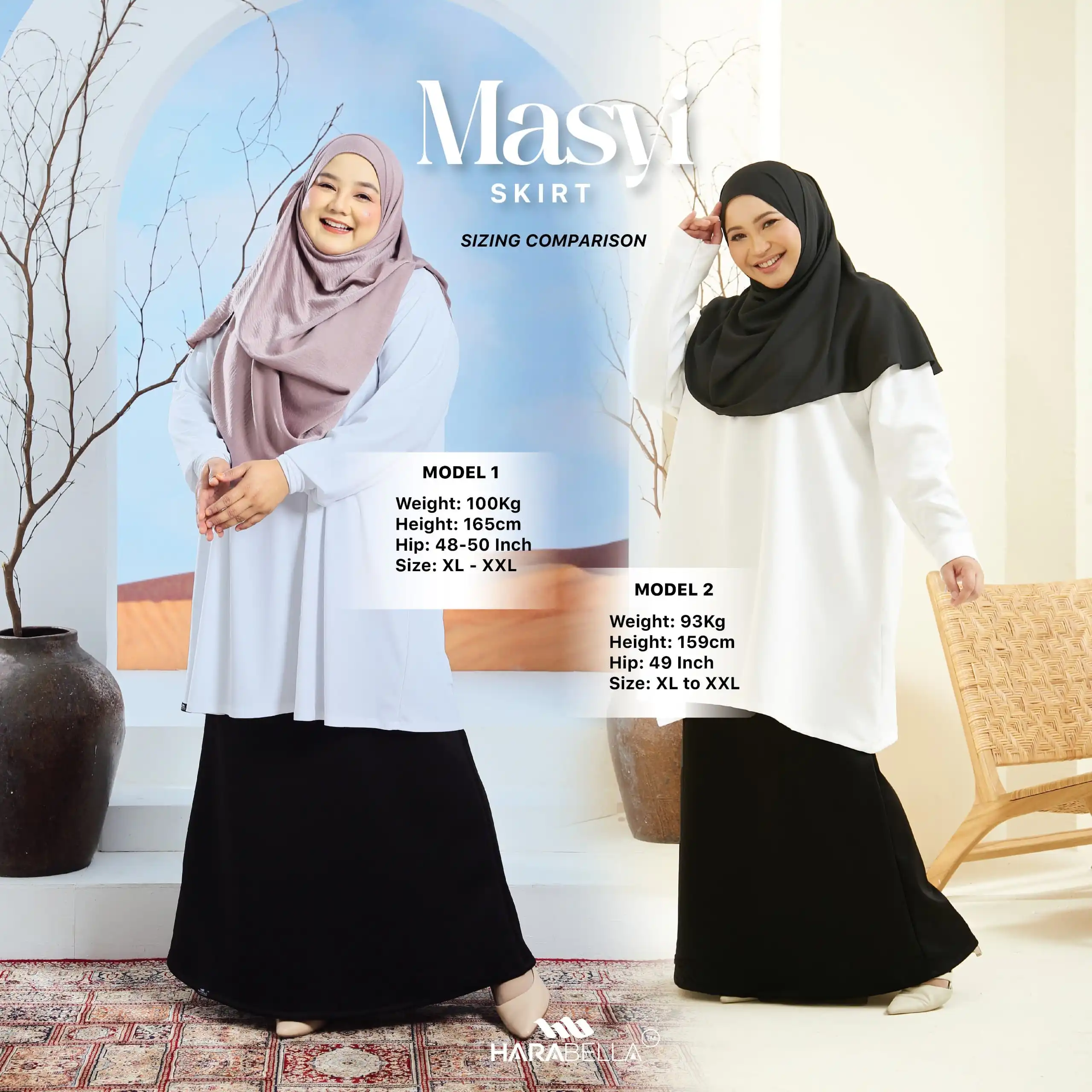 Masyi Skirt FexiFit- SIZING COMPARISON - Skuba - Harabella by Zara Chan - harabella.com - Hara Collections - Fesyen Pakaian Muslimah
